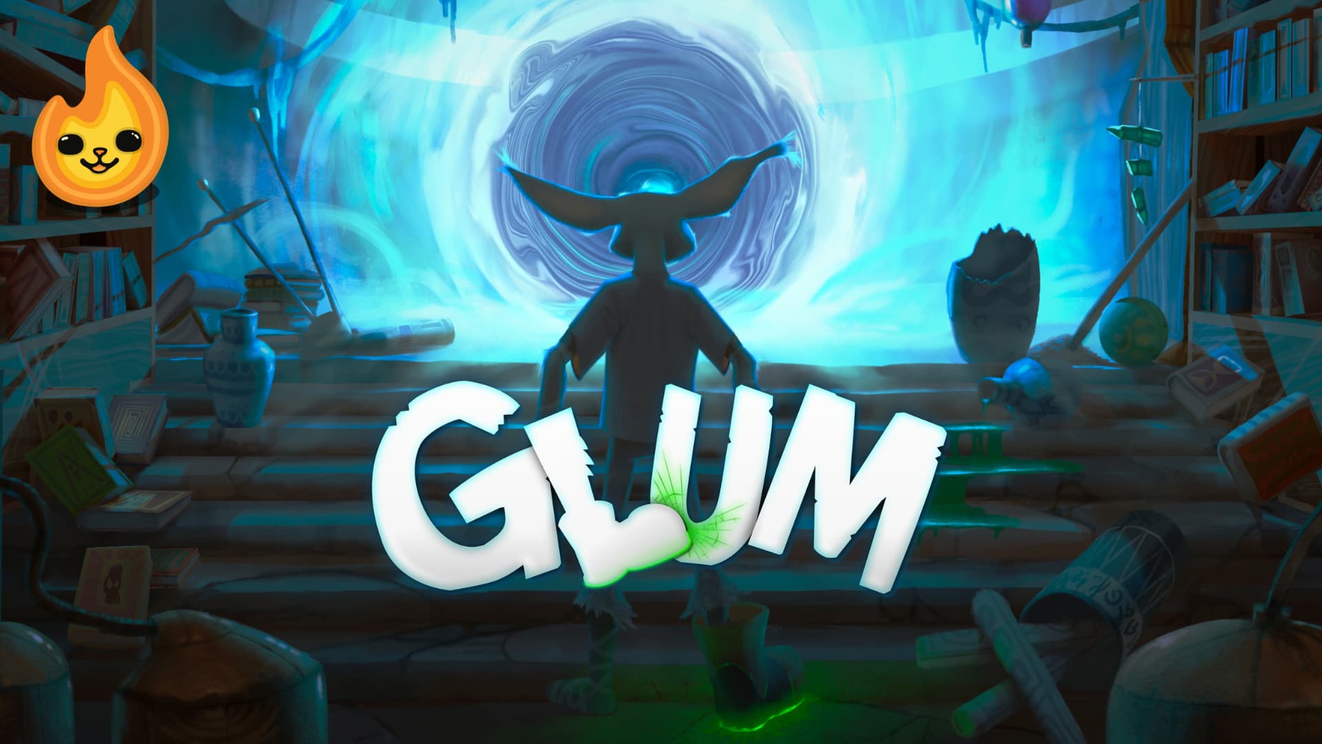 Glum facing away from the camera, towards a glowing portal.