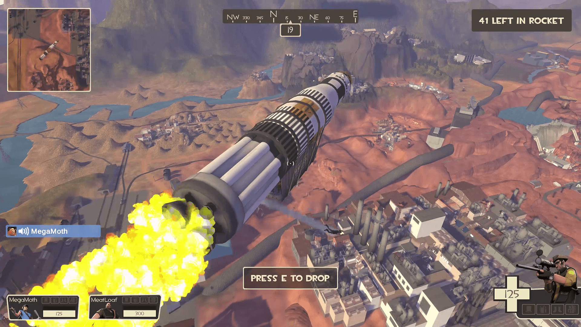 A rocket flying over various TF2 maps. Typical battle royale UI elements are on screen.