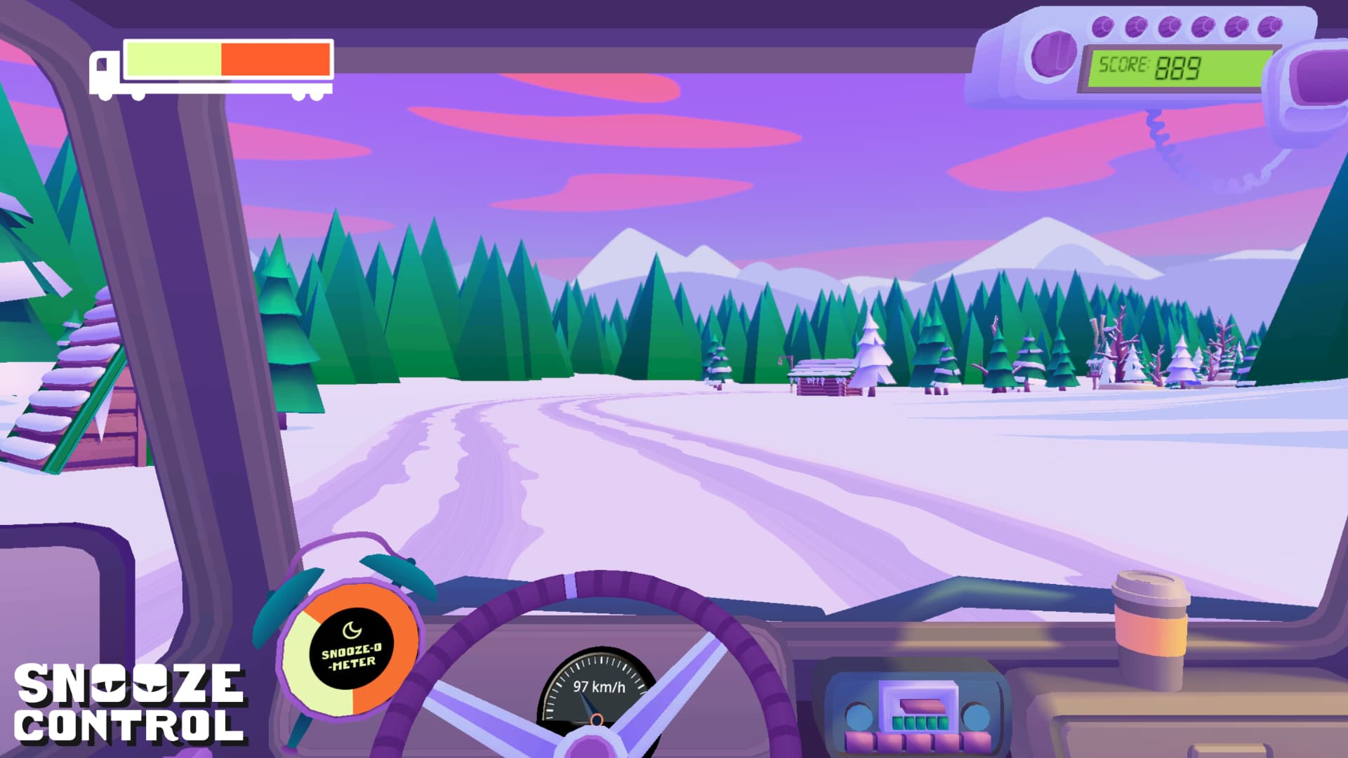 Colorful, cartoony, first-person view from the driver's seat of a truck driving on a snowy road with trees and cabins in the background. There's a Snooze-O-Meter on the dashboard, the CB-Radio shows 'SCORE: 889' and there's a truck shaped health bar in the corner.